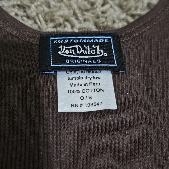 New Von Dutch Tank Brown Yellow Script Ribbed Stretch - Picture 3 of 6